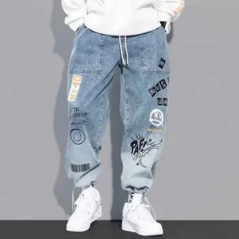 Мъжки свободни панталони за джогинг с мультяшными графити, градинска облекло в стил хип-хоп, висококачествени ежедневни облекла с еластичен колан, Панталони с писмото принтом
