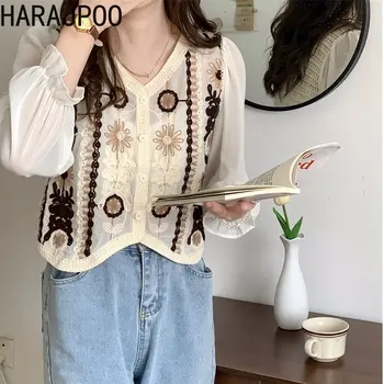 Harajpoo Сладък шик Ретро стил корея триизмерна ажурная блуза с цветен модел, вязаная шифоновая риза с дълъг ръкав, топ