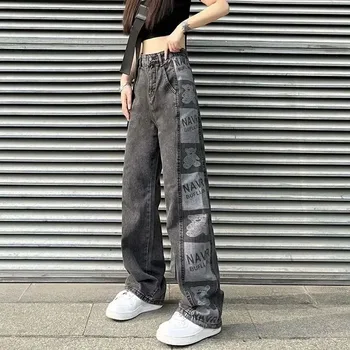 MEXZT Y2K, дънкови панталони с лампа на принтом, дамски прави дънки в стил харадзюку в стил пънк с висока талия, Широки панталони в стил хип-хоп, оръфан панталон