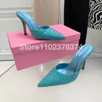 Модни дамски летни сандали на висок ток с остър пръсти и кристали, дамски Обувки-лодка на висок ток с кристали 2023 г.