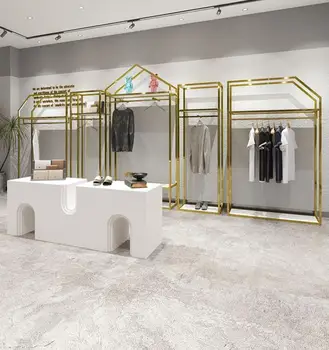 Багажник за изложбата на стоки в магазин за дрехи от неръждаема стомана, от пода до тавана, двуслойни златен багажник за изложбата на стоки, подвесная стелаж за дрехи