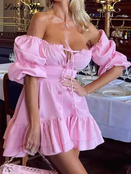 Секси топ-тромпет, мини-рокля с пищни ръкави и отворена отзад дамски летни вечерни рокли от дантела с каскадными стегнато, секси елегантна рокля трапецовидна форма