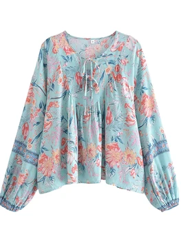 YENKYE, новост 2023, дамски блуза с флорални принтом, с дълъг ръкав, дантела, с кръгло деколте, Дамски ежедневни свободни Топове