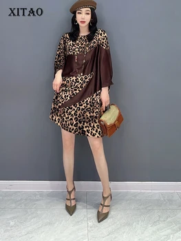 XITAO Асиметрично леопардовое свободно рокля в стил мозайка, пуловер, Ново постъпването на Лятото 2023, ежедневна мода, темперамент, универсални WLD16431