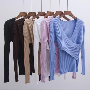 Основен пуловер, дамски пуловер, вязаный, с дълъг ръкав, секси, с V-образно деколте, дамски блузи, топове, есен-зима, мека еластичност, привлича женски